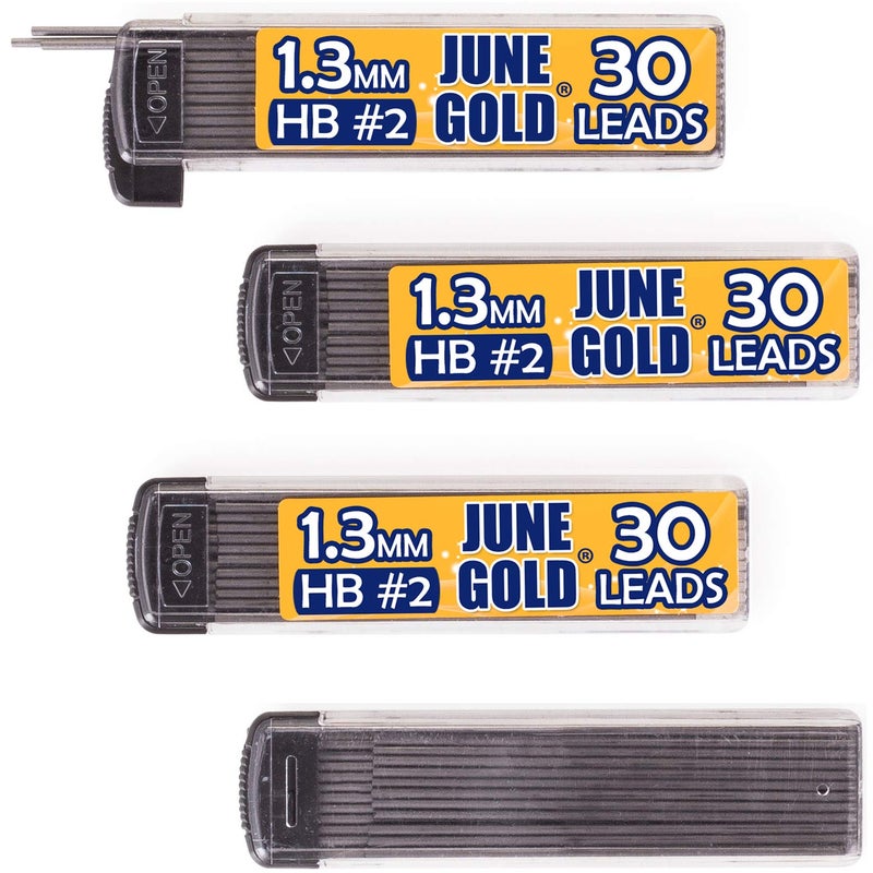June Gold يونيو جولد 120 قطعة، 1.3 مم HB #2 إعادة تعبئة الرصاص، 30 قطعة لكل موزع، سمك متوسط عريض، رصاص/جرافيت مقاوم للكسر (عبوة من 4 موزعين) - Image 1